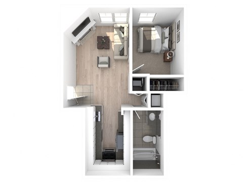Floor plan for 1 bed, 1 bath, 459 sqft